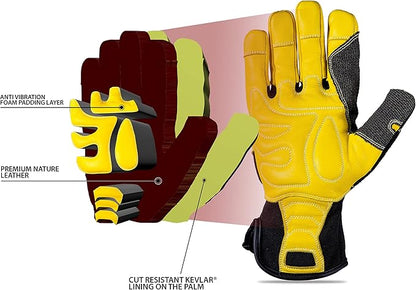 Specxarmor SPX-1021 Work Glove Premier Leather , Full Palm Kevlar reinforced, Performance Fit, Durable, Machine Washable